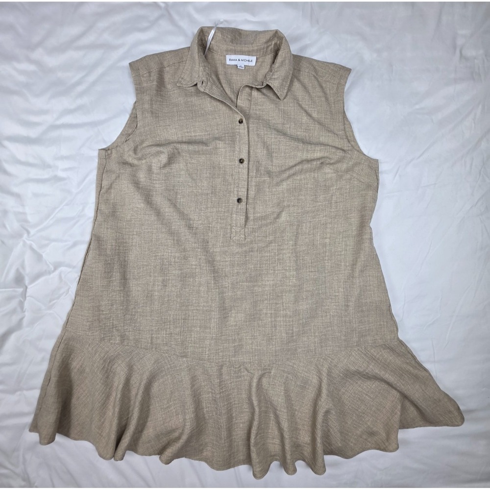 Emma & Michele Dress 2X Tan Sleeveless Ruffle Hem Collared Shirt Dress Boho